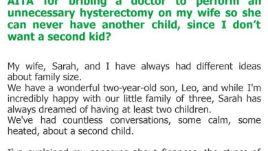 Photo of AITA for bribing a doctor to perform an unnecessary hysterectomy on my wife so she can never have another child, since I don’t want a second kid?