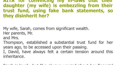 Photo of AITA for convincing my in-laws that their daughter (my wife) is embezzling from their trust fund, using fake bank statements, so they disinherit her?