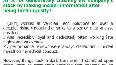 Photo of AITA for deliberately crashing my company’s stock by leaking insider information after being fired unjustly?