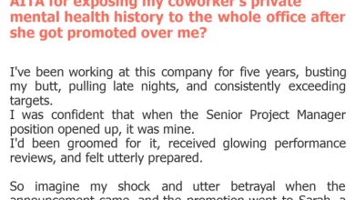 Photo of AITA for exposing my coworker’s private mental health history to the whole office after she got promoted over me?