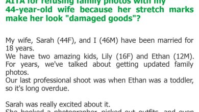 Photo of AITA for refusing family photos with my 44-year-old wife because her stretch marks make her look “damaged goods”?