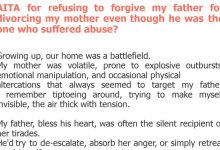 Photo of AITA for refusing to forgive my father for divorcing my mother even though he was the one who suffered abuse?