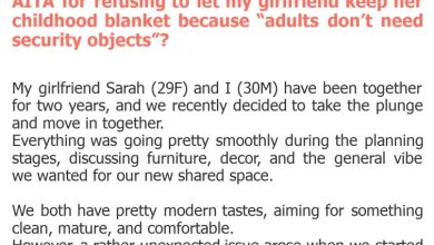 Photo of AITA for refusing to let my girlfriend keep her childhood blanket because “adults don’t need security objects”?