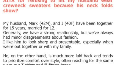 Photo of AITA for refusing to let my husband wear crewneck sweaters because his neck folds show?