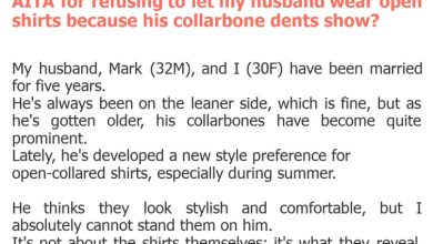 Photo of AITA for refusing to let my husband wear open shirts because his collarbone dents show?