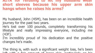 Photo of AITA for refusing to let my husband wear short sleeves because his upper arm skin hangs when he raises his arms?