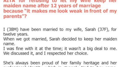 Photo of AITA for refusing to let my wife keep her maiden name after 12 years of marriage because “it makes me look weak in front of my parents”?