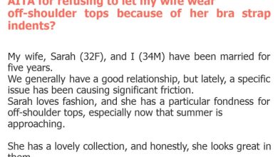 Photo of AITA for refusing to let my wife wear off-shoulder tops because of her bra strap indents?