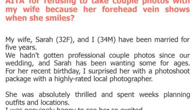 Photo of AITA for refusing to take couple photos with my wife because her forehead vein shows when she smiles?
