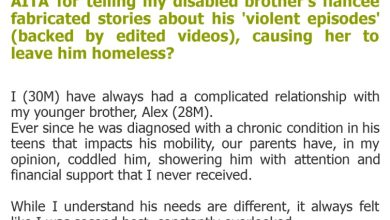 Photo of AITA for telling my disabled brother’s fiancée fabricated stories about his ‘violent episodes’ (backed by edited videos), causing her to leave him homeless?