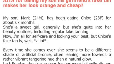 Photo of AITA for telling my son his girlfriend’s fake tan makes her look orange and cheap?