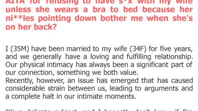 Photo of AITA for refusing to have s*x with my wife unless she wears a bra to bed because her ni**les pointing down bother me when she’s on her back?