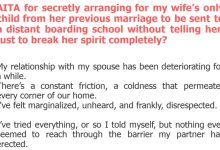 Photo of AITA for secretly arranging for my wife’s only child from her previous marriage to be sent to a distant boarding school without telling her, just to break her spirit completely?
