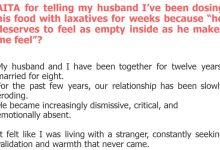 Photo of AITA for telling my husband I’ve been dosing his food with laxatives for weeks because “he deserves to feel as empty inside as he makes me feel”?