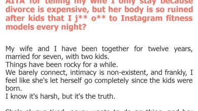 Photo of AITA for telling my wife I only stay because divorce is expensive, but her body is so ruined after kids that I j** o** to Instagram fitness models every night?