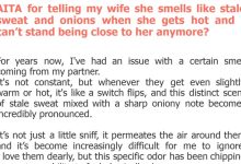 Photo of AITA for telling my wife she smells like stale sweat and onions when she gets hot and I can’t stand being close to her anymore?