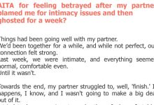 Photo of AITA for feeling betrayed after my partner blamed me for intimacy issues and then ghosted for a week?