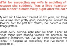 Photo of AITA for suspecting my wife is avoiding s** because she suddenly “has a little heartburn from dinner” almost every night after we eat?